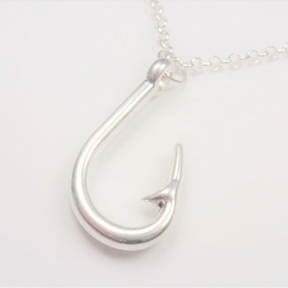NAUTICAL FISHERMANS HOOK ANGLER SILVER NECKLACE